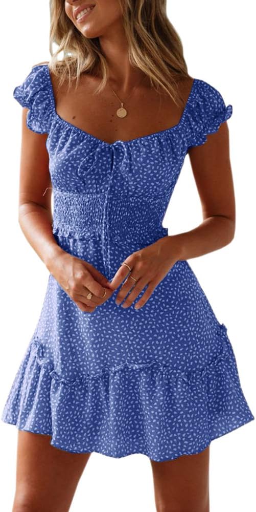YOBECHO Women's Summer Ruffle Sleeve Sweetheart Neckline Printing Dress Mini Dress
