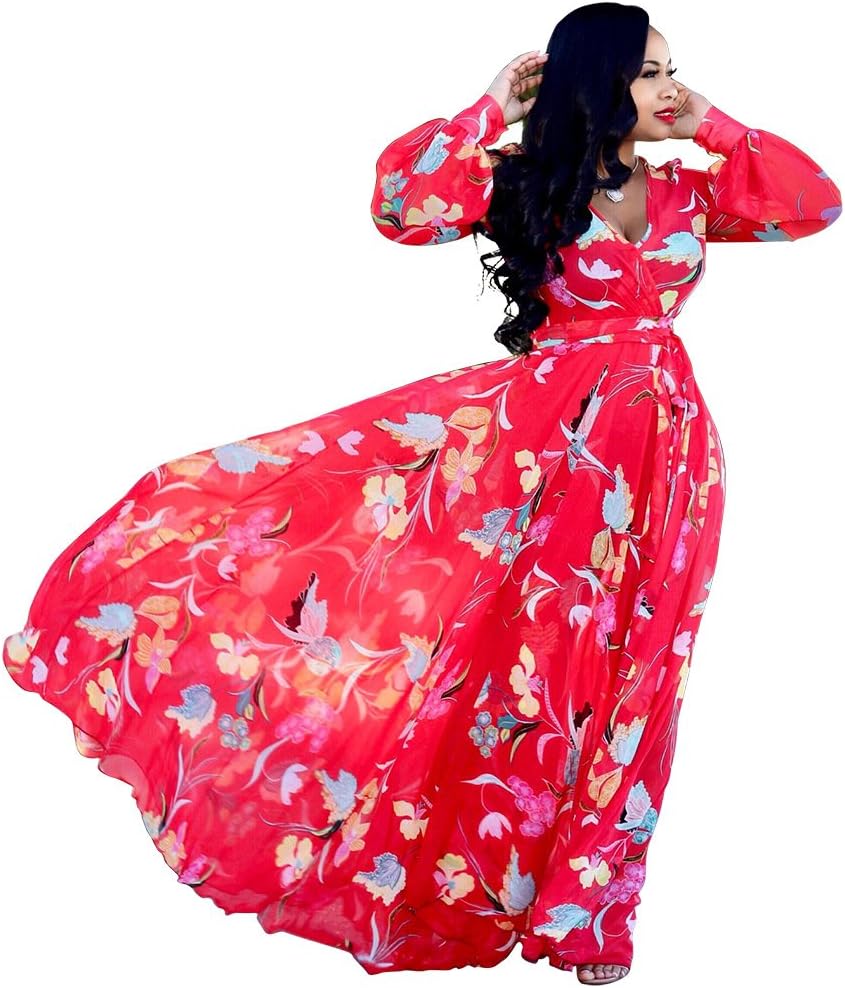 Nuofengkudu Womens Chiffon Deep V-Neck Stripe Printed Maxi Dress Unique Loose Summer Boho Dresses High Waiste(S-5XL)
