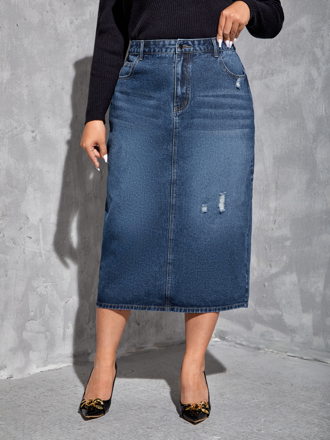 Plus High Waist Ripped Slit Back Denim Skirt